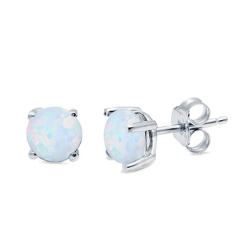 Round Solitaire Stud Earrings Lab Created White Opal 925 Sterling Silver 7mm
